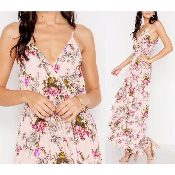 Nude Pink Floral V-Neck Ruffle Skirt Maxi Dress - Picture 2 of 8